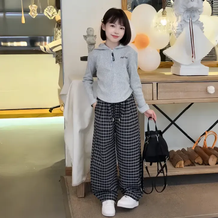 女童套装2025秋季新款洋气休闲连帽上衣中大童格子阔腿裤两件套潮