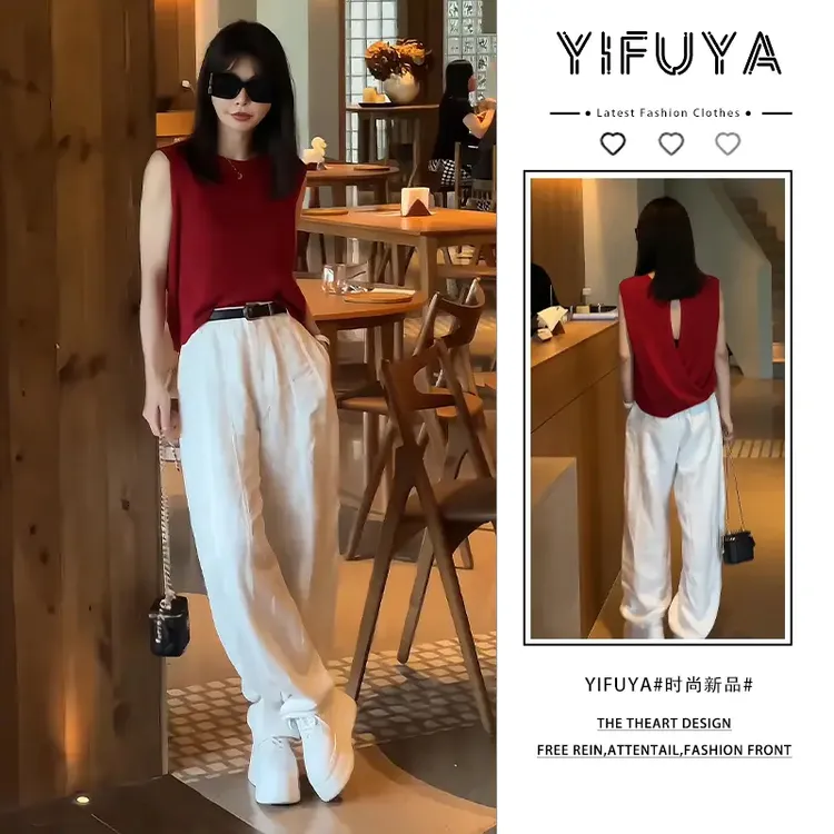 2025年夏季红色小众设计感上衣白色阔腿裤微胖显瘦气质穿搭两件套