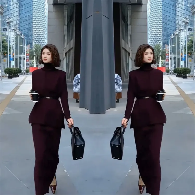 通勤大女主时尚套装裙2025年春季新款高领小衫＋砍袖马甲＋半身裙