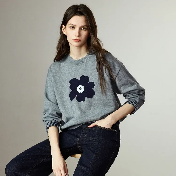 【双11返场】初语针织衫25秋季新款绿绒蒿提花拼接假两件毛织上衣