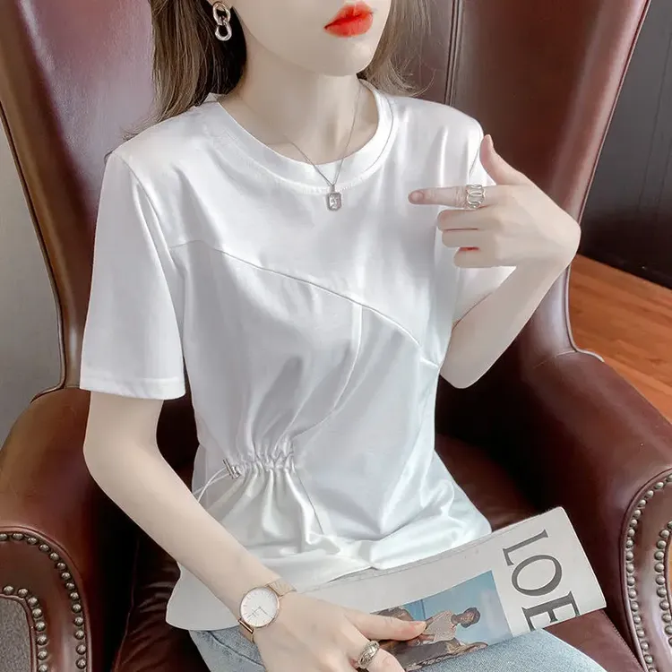 2025新款不规则棉质短袖T恤女显瘦百搭宽松大码纯欲慵懒风女装