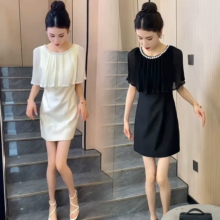 欧货2025夏新款连衣裙女设计披肩钉珠气质名媛小个子高级感礼服裙