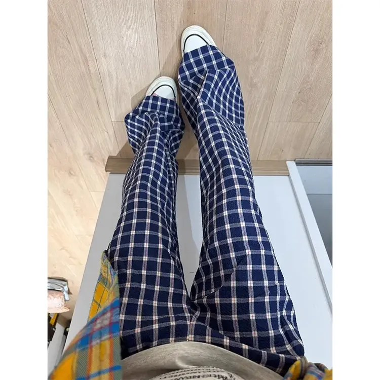 深蓝色格子裤男款夏季cleanfit美式阔腿休闲裤子宽松慵懒风直筒裤
