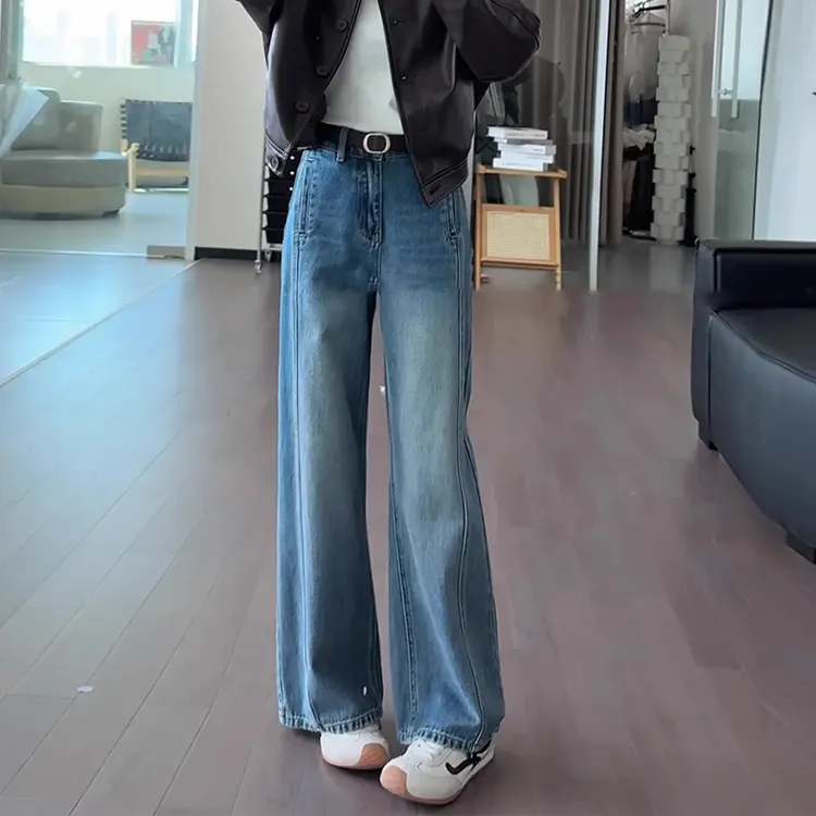 复古蓝色阔腿牛仔裤女2025年秋季新款高腰显瘦宽松百搭直筒弯刀裤