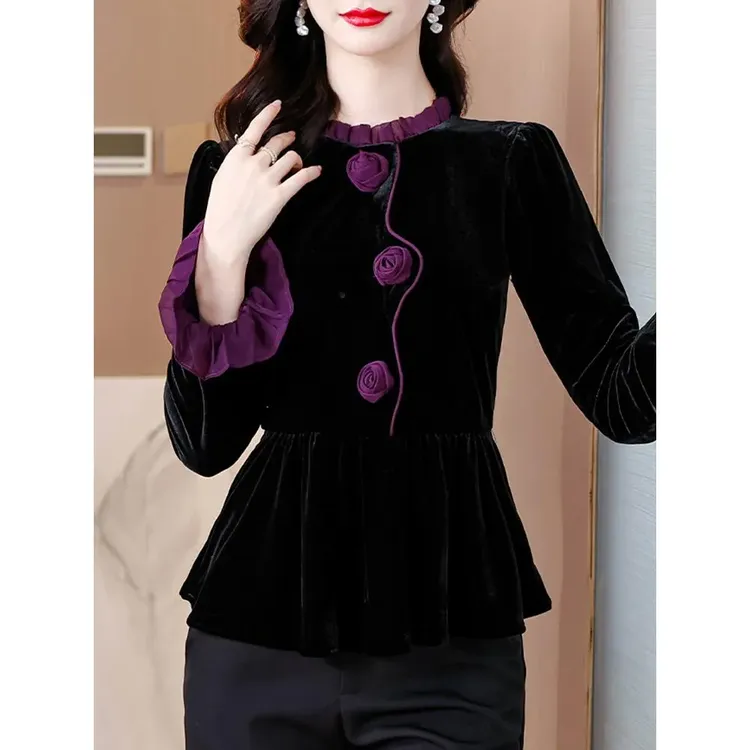 品牌长袖打底衫女士2025新款秋冬正品高档黑色金丝绒上衣高贵洋气