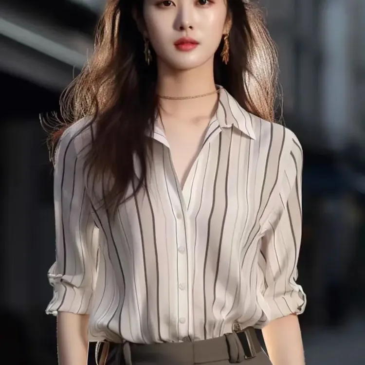 优雅竖条纹衬衫轻盈舒适适合多种场合衬衫上衣气质衬衣时尚百搭