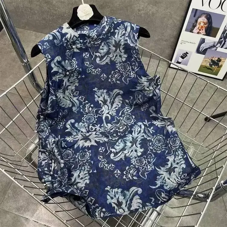 国风夏季新款复古盘扣印花短袖衬衫女宽松显瘦遮肚中长款大码上衣