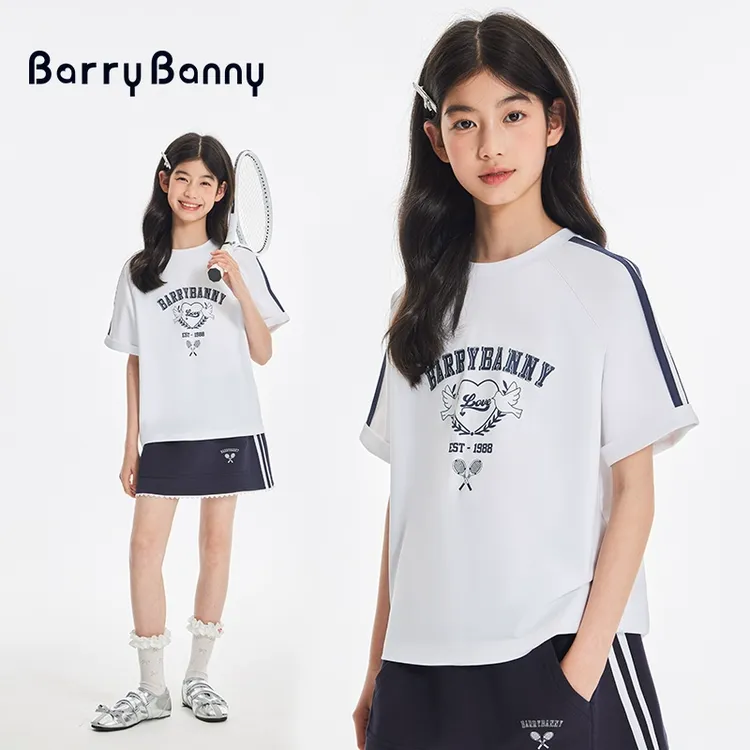 BarryBanny女童短袖宽松T恤2025夏季新款儿童运动套装圆领上衣