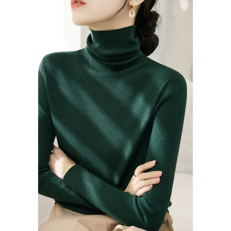 墨绿色修身长袖针织衫内搭打底上衣2025年秋冬新款女装堆堆领毛衣