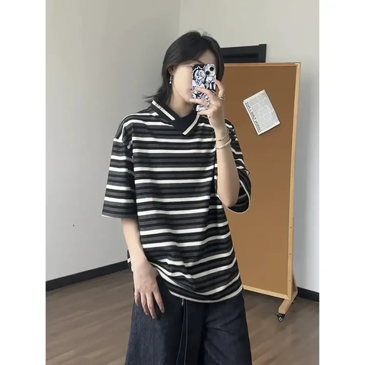 不规则领口条纹短袖POLO衫男夏季新款潮牌高级感宽vibe松休闲T恤