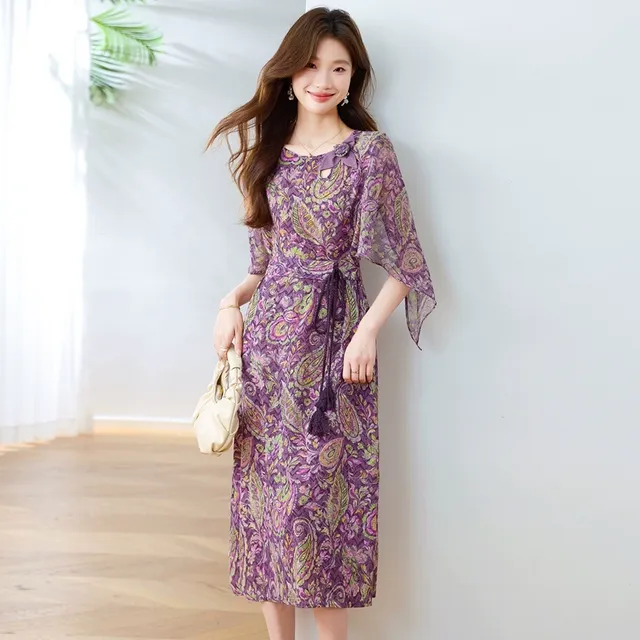 优雅气质贵夫人印花连衣裙女2025夏季薄款收腰显瘦女人味绝美裙子