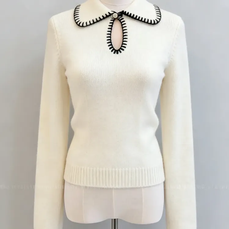 秋冬新款白色翻领针织长袖毛衣上衣女内搭小香风