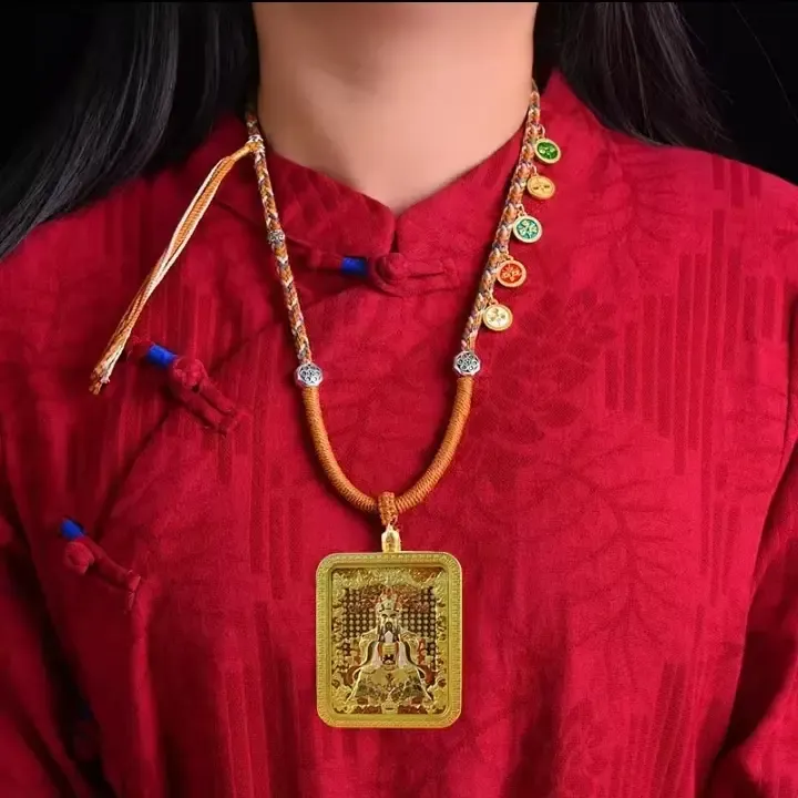 铜合金吊坠 纯黄铜五爷文殊压铸彩绘唐卡吊坠项链