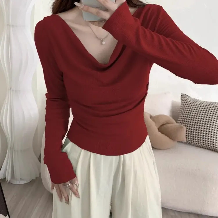 露肩性感荡领长袖t恤女甜辣妹设计感褶皱收腰修身秋冬一字肩上