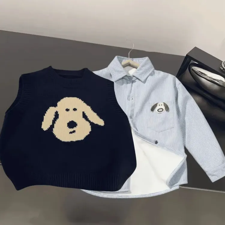 男童秋冬百搭韩版学院风加绒加厚衬衫新款中小童套装