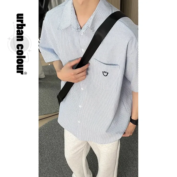 笑脸刺绣衬衫男夏季新款少年感cityboy条纹短袖衬衣宽松休闲外套