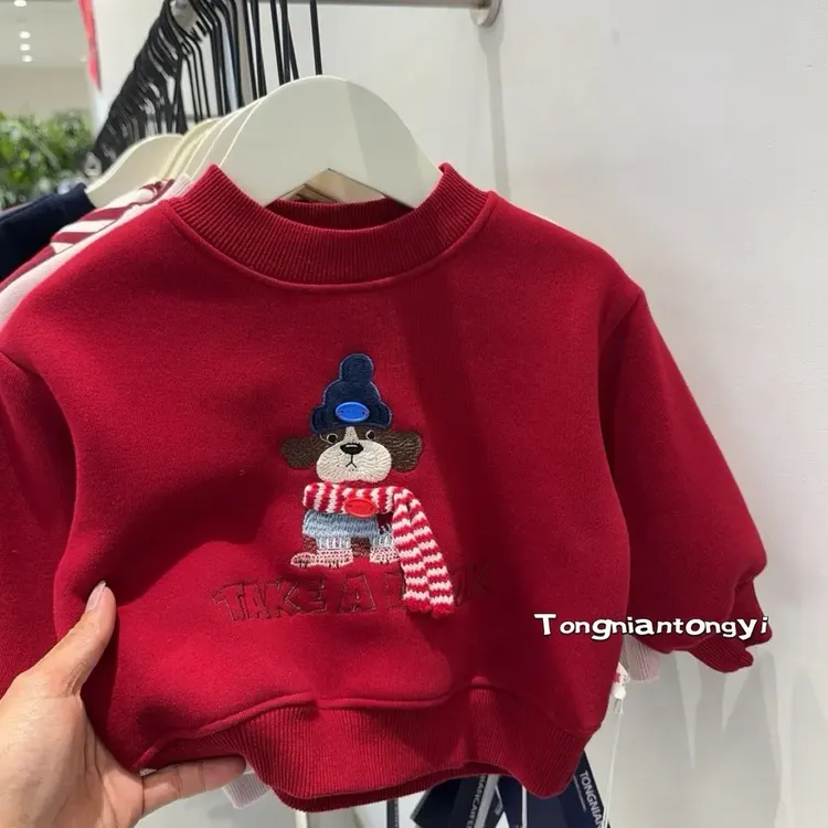 新款加绒卡通圆领卫衣儿童秋冬红色保暖上衣