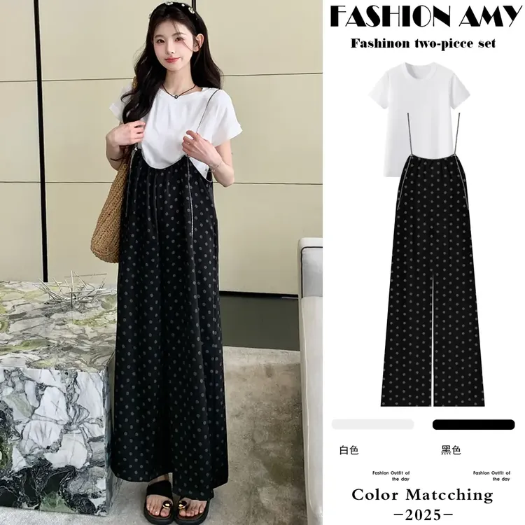 孕妇背带裤套装夏装新款时尚显瘦短袖上衣宽松休闲波点阔腿连体裤