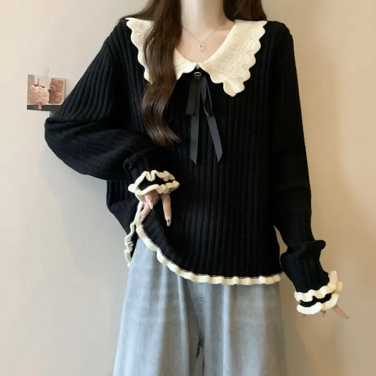 微胖大码设计感撞色娃娃领木耳边针织衫女冬季胖mm显瘦遮肉上衣