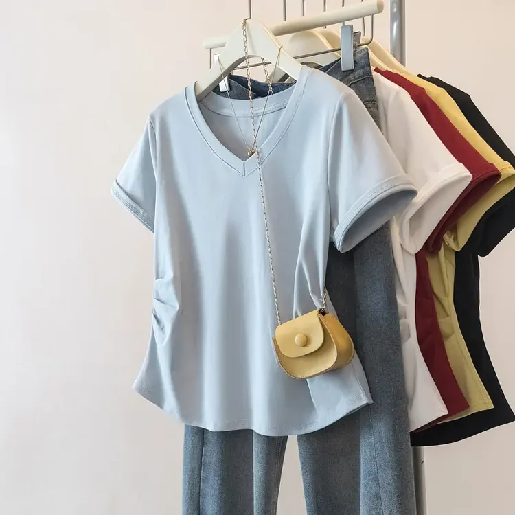 不规则v领正肩短袖t恤女夏大码微胖遮肚子显瘦设计感褶皱收腰上衣