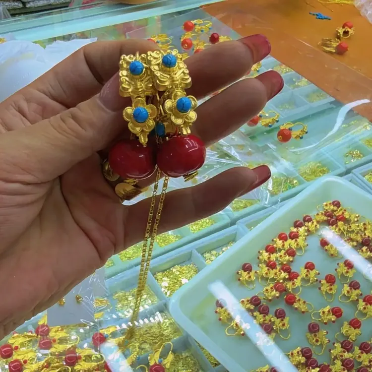 黄铜莫桑石耳饰 铜合金耳环黄铜合成锆石耳环民族风复古手工