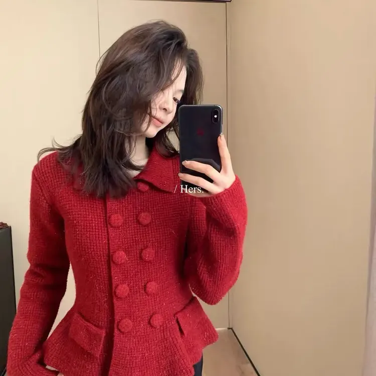 韩国东大门秋季新款法式气质收腰显瘦翻领双排扣细闪针织长袖毛衣
