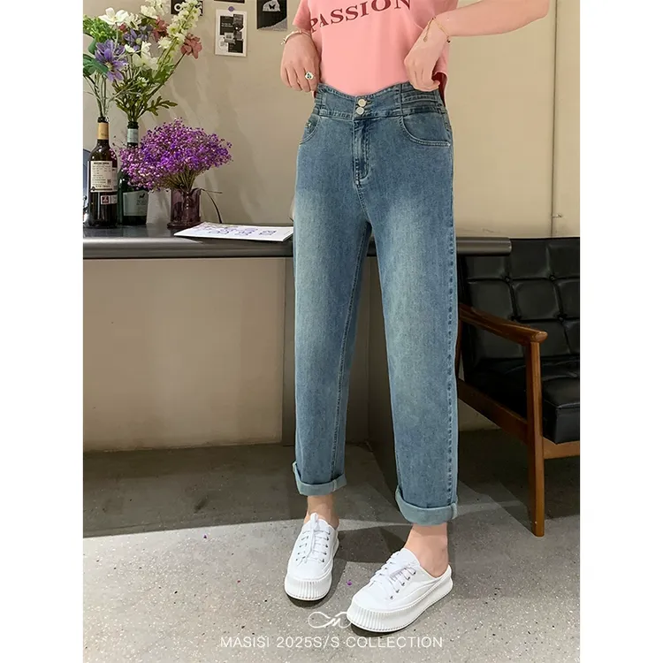 马西西大码女装高腰直筒牛仔裤夏季胖mm宽松显瘦薄款休闲阔腿裤子