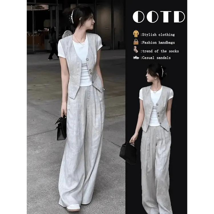 大码女装夏季新款时尚小香风西装马甲洋气遮肉显瘦阔腿裤两件套装