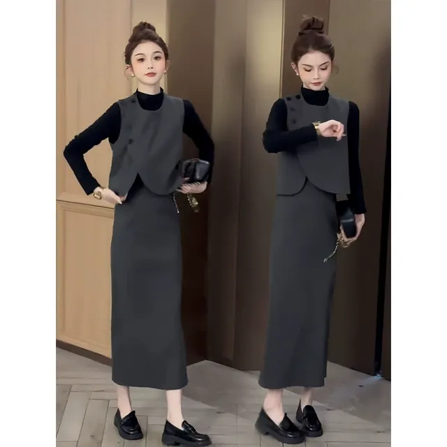 时尚小香风套装裙女2024秋季新款长袖打底衫洋气马甲半身裙三件套