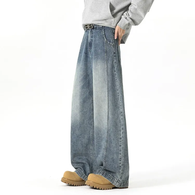 VUUG美式复古牛仔裤子男款春秋直筒宽松高街潮牌阔腿休闲弯刀长裤