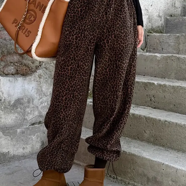 大码韩国女装秋季新款胖mm复古双面绒豹纹休闲裤女慵懒可抽绳长裤