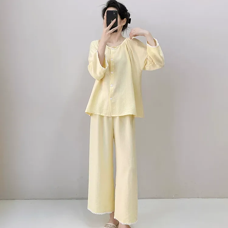 2025新款睡衣女春秋云朵棉长袖长裤薄款圆领开衫家居服套装可外穿