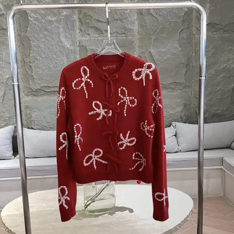 尾 新年装 春季新款蝴蝶结钉珠针织开衫甜美风百搭上衣