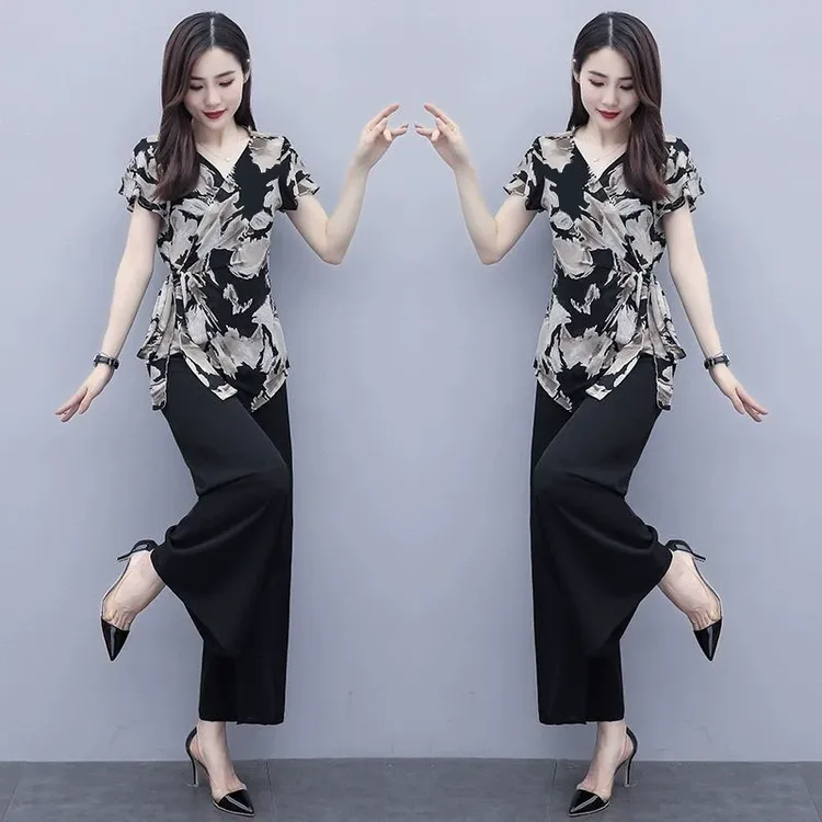 单件/套装两件套印花夏装新款女时尚气质休闲洋气阔腿裤套装