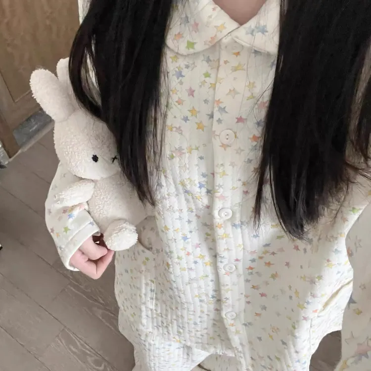 甜美星星秋冬季空气棉夹棉加绒加厚保暖宽松舒适睡衣女家居服套装