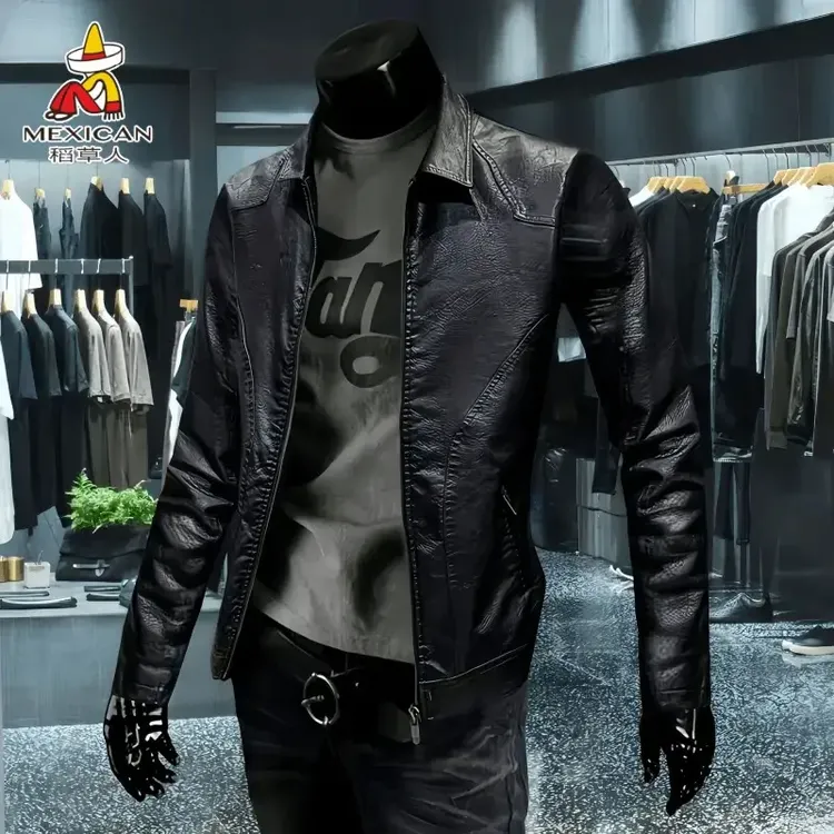 Mexican/稻草人春秋季海宁皮衣男休闲痞帅外套户外骑行皮夹克上衣