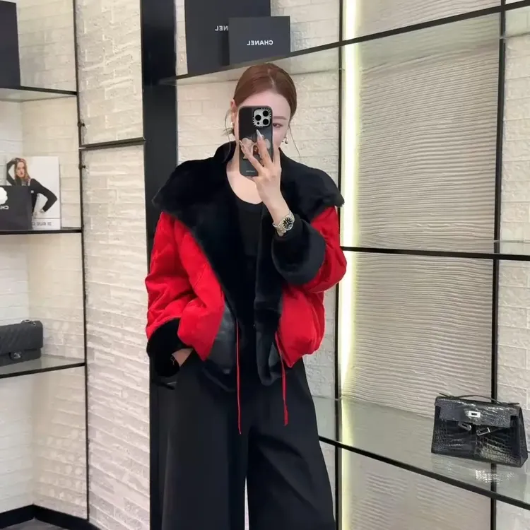 新年圣诞冬季红外套高端国风翻领女冬季拼接保暖外套设计短款上衣