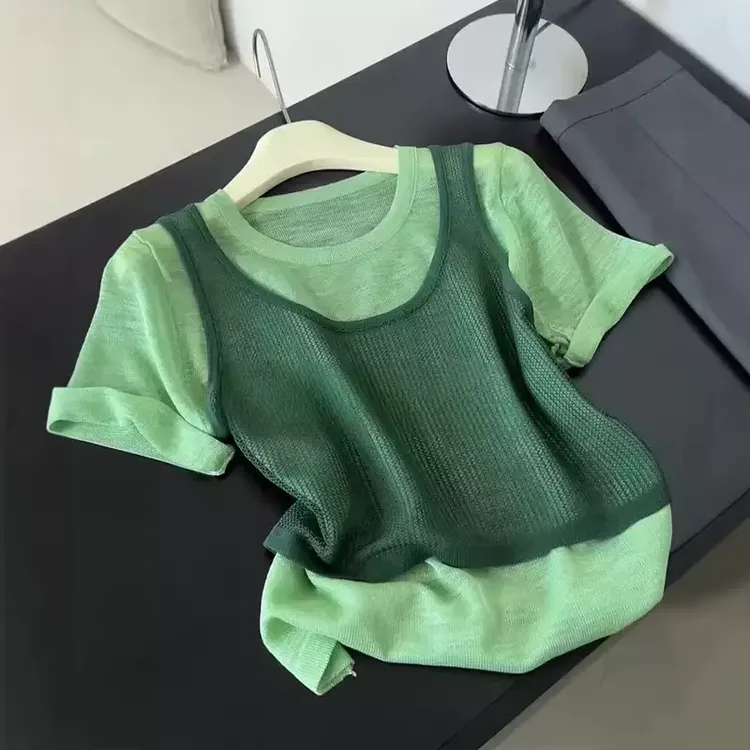 MOCO【商场同款】大码胖mm韩系别致拼接假两件短袖针织衫女夏季薄