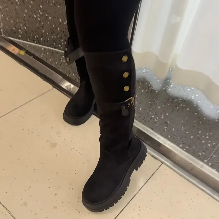 时装靴圆头弹力中筒百搭过膝靴黑色长靴骑士时尚女靴