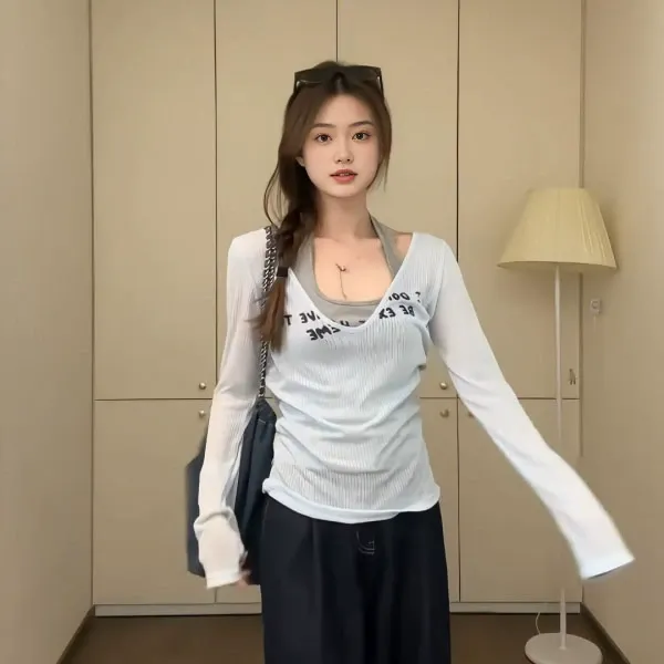 【8701】大码女装胖mm纯欲风叠穿挂脖背心长袖T恤防晒上衣两件套