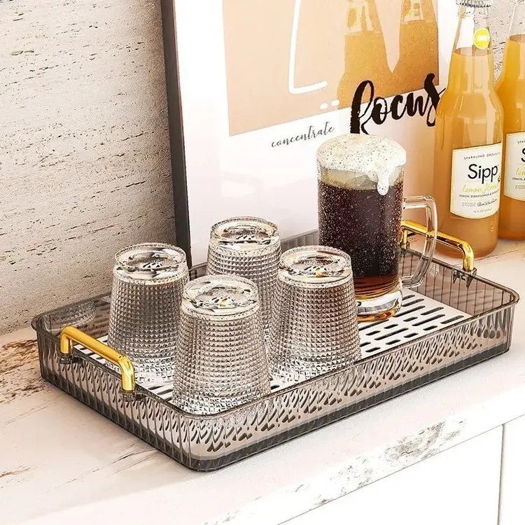 茶盘家用客厅干泡台轻奢茶具杯子架放水杯长方形双层沥水托盘G014