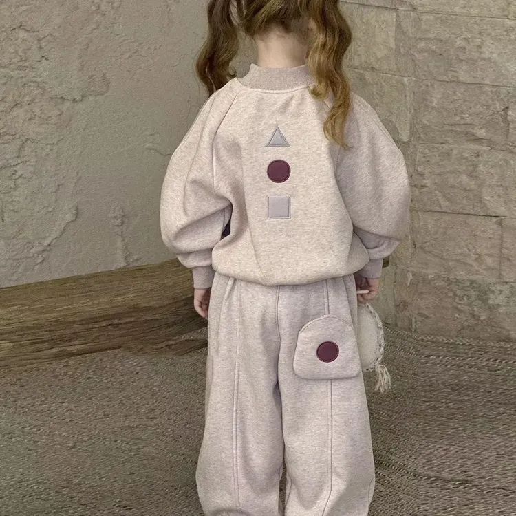 女童秋冬加绒加厚卫衣套装儿童一体绒粉色上衣休闲束脚卫裤两件套