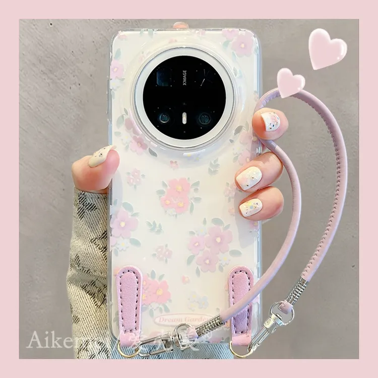 适用华为mate70pro+手机壳春日温柔mate60pro+气质粉紫花朵挂绳女