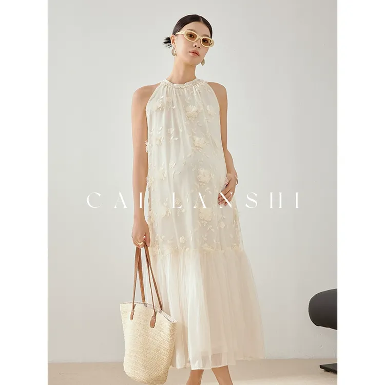 孕妇连衣裙轻奢高级感2025碎花孕妇装海边法式吊带长裙夏季50416