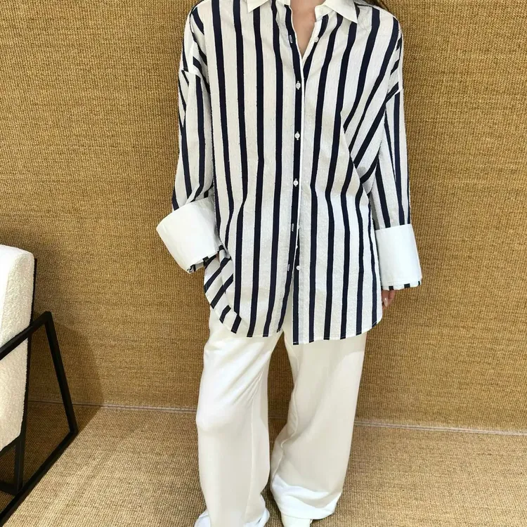 蓝白条纹翻领亚麻长袖百搭时尚秋季衬衫衬衣上衣