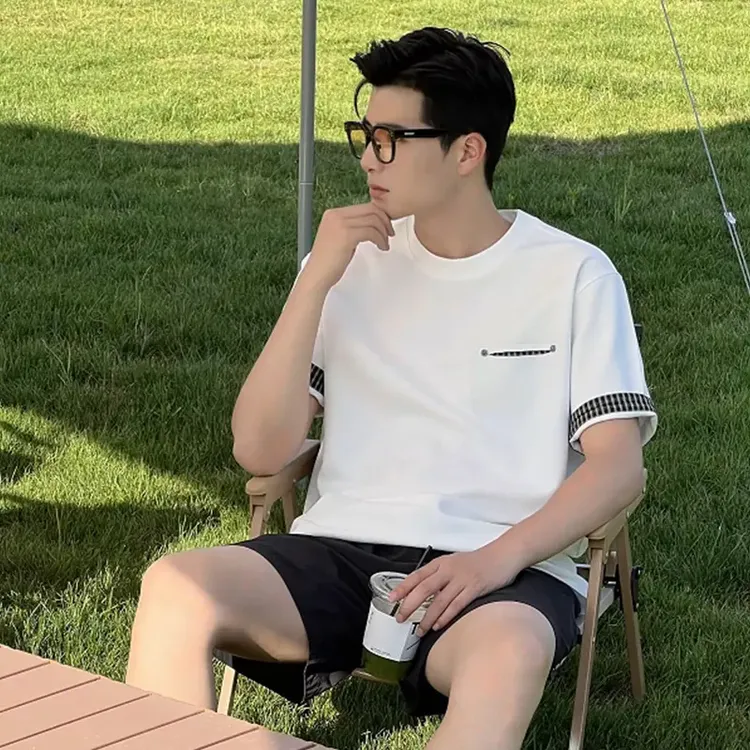 原创设计款夏季凉感假两件格纹撞色拼接圆领短袖t上衣百搭体恤男