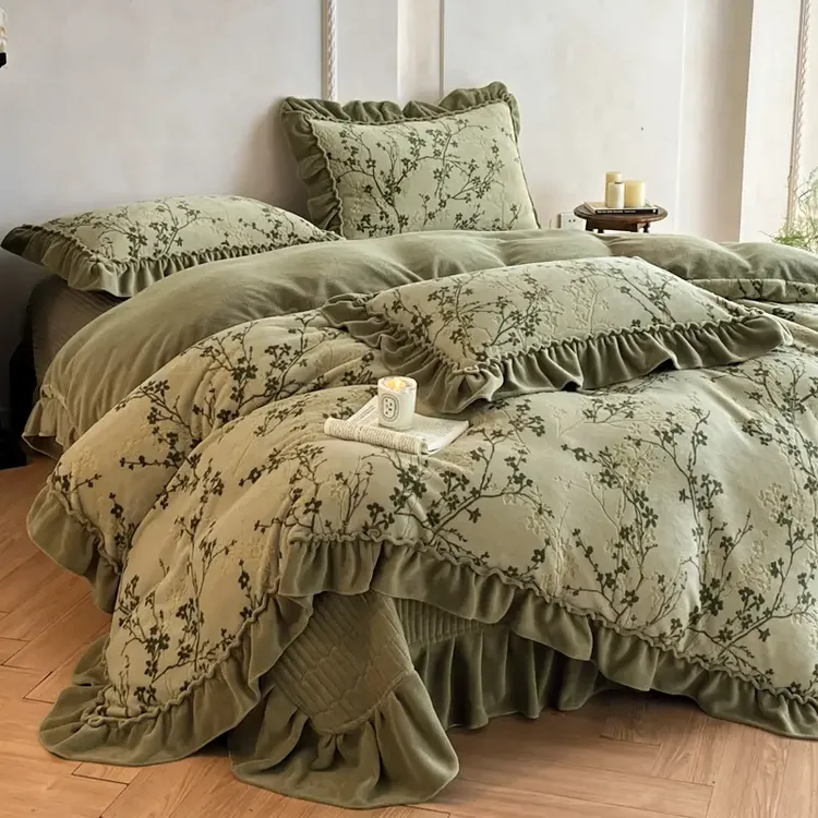 法式赫本风加厚牛奶绒床盖四件套韩式公主风花边床上四件套双面绒