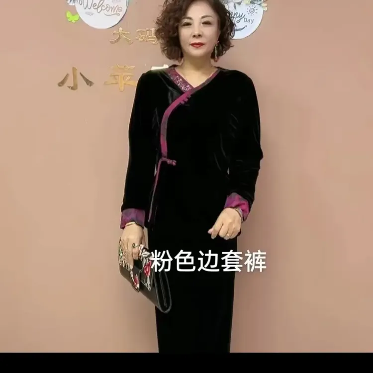 国风V领盘扣中老年妈妈上衣与裤子套装