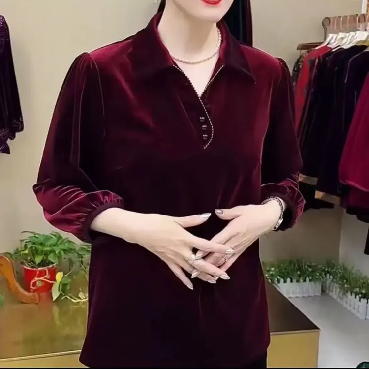 翻领套头丝绒长袖新款洋气减龄遮肚显瘦百搭妈妈上衣