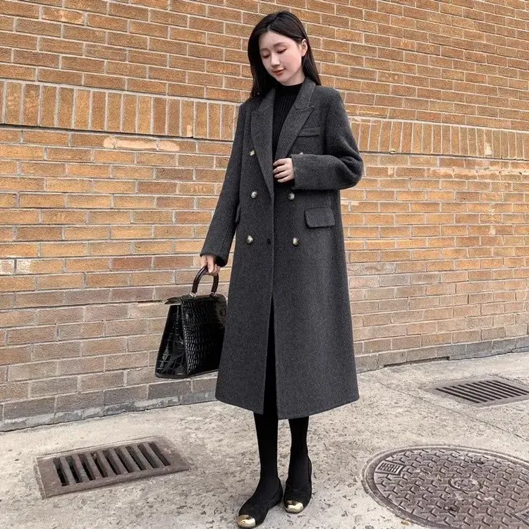 2025秋冬胖mm加厚毛呢长款大码女装高级感西装呢子宽松外套200斤